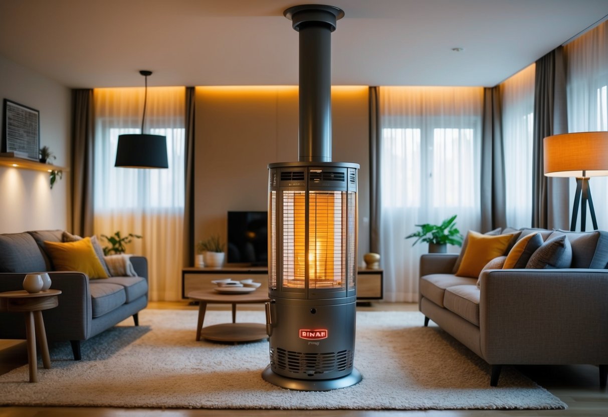 A cozy living room with a modern Rinnai heater, surrounded by comfortable furniture and warm lighting