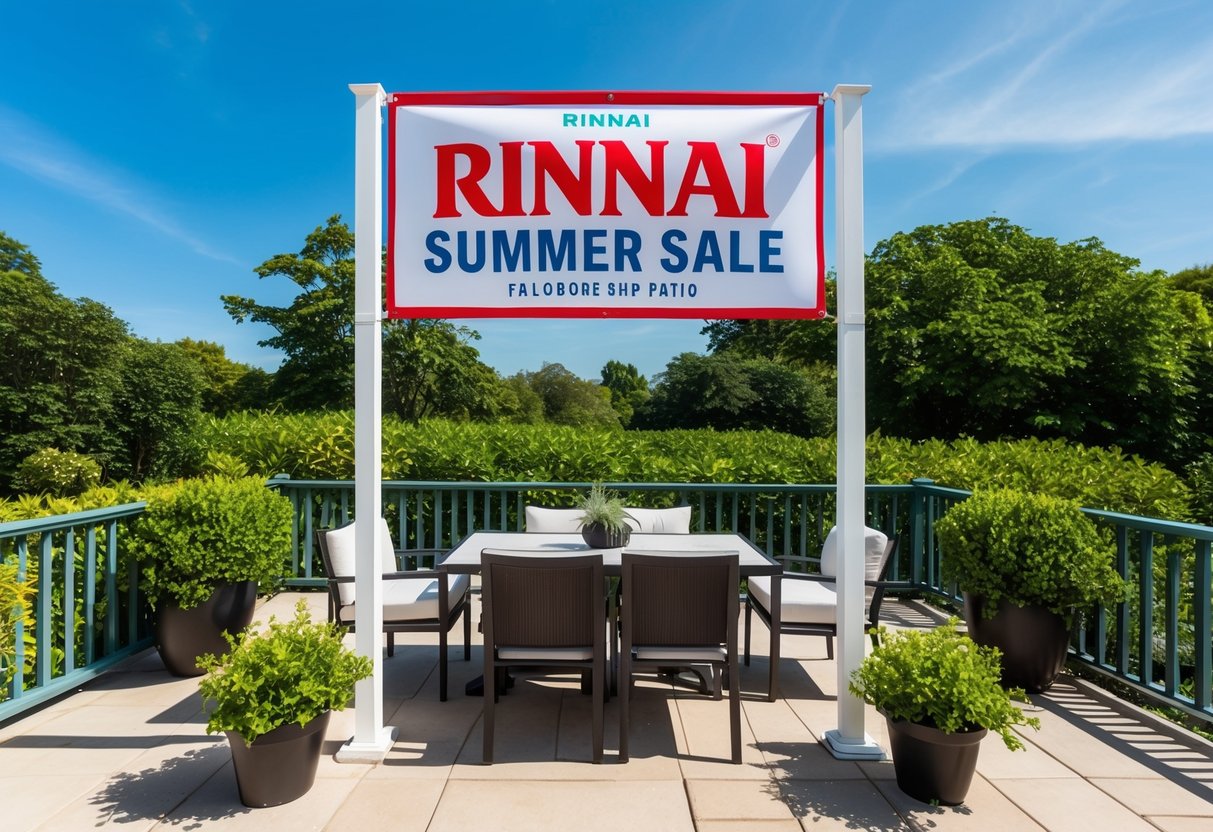 A sunny outdoor patio with a Rinnai Summer Sale banner, surrounded by lush greenery and a clear blue sky