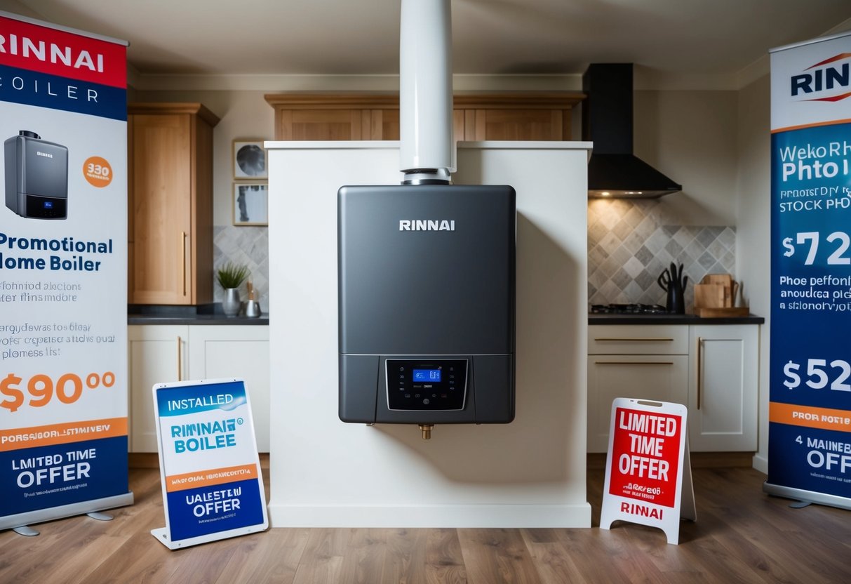 A cozy home with a modern Rinnai boiler installed, surrounded by promotional banners and a limited-time offer sign