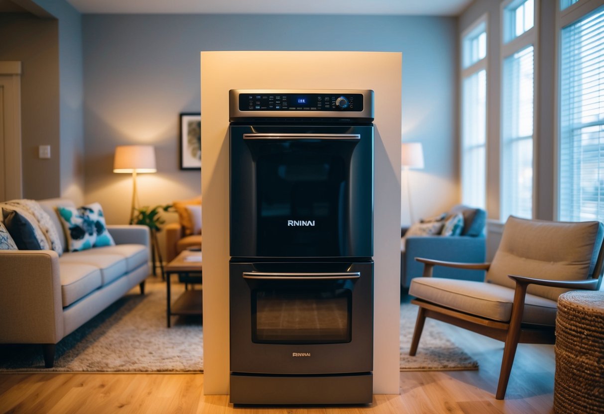 A cozy living room with a modern Rinnai energy-efficient appliance on display, surrounded by comfortable furniture and warm lighting