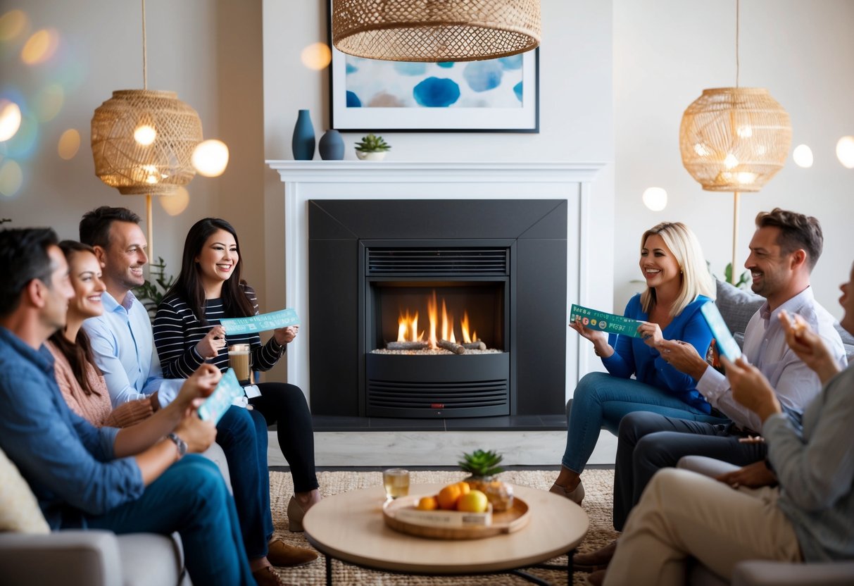 A cozy living room with a Rinnai gas fireplace, surrounded by happy customers redeeming loyalty rewards