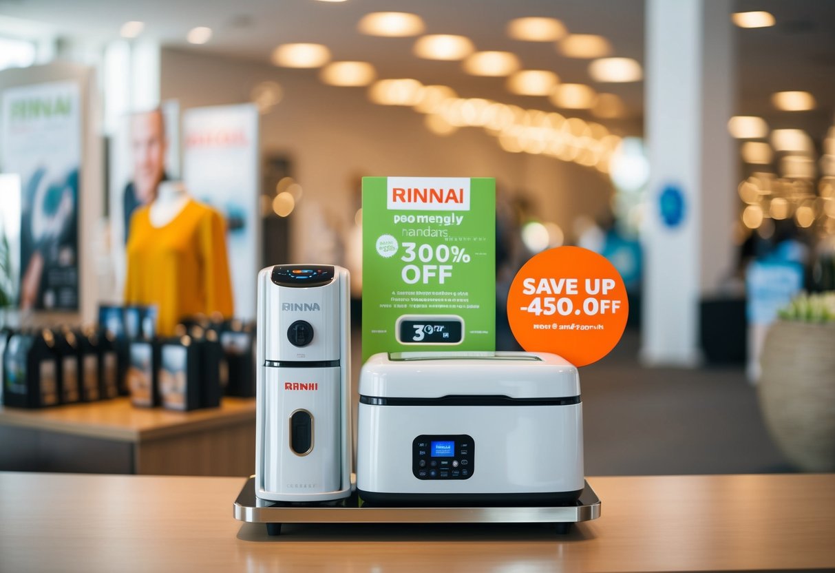 A modern, eco-friendly Rinnai product displayed with promotional discounts
