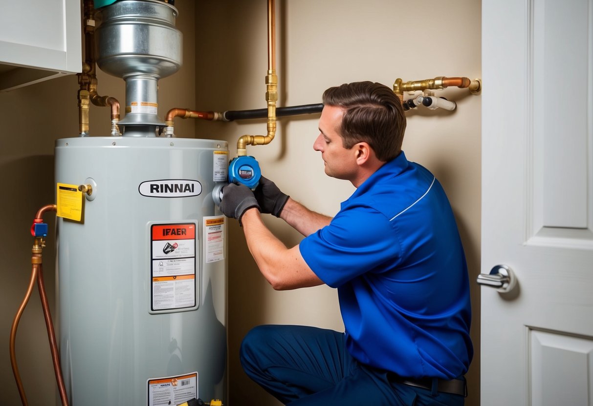 A plumber installing a Rinnai water heater with accompanying accessories in a utility room