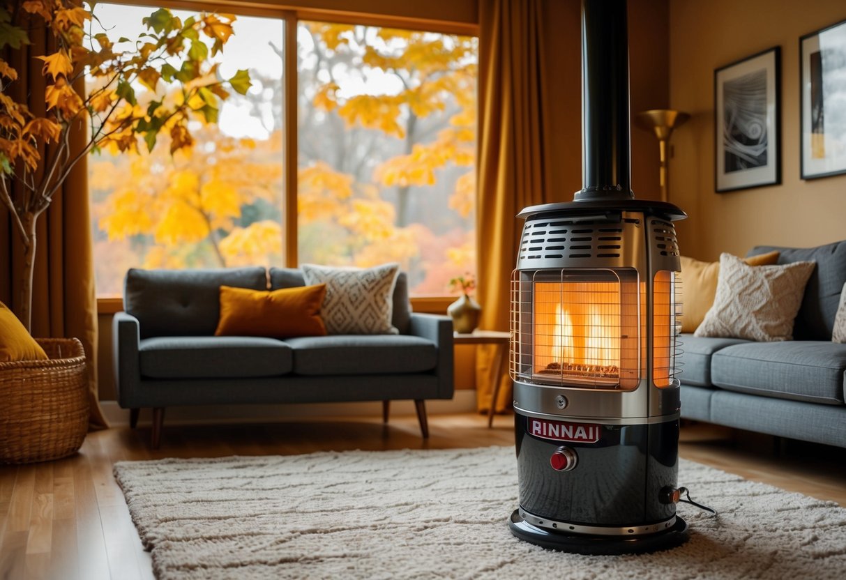 A cozy living room with a Rinnai heater, surrounded by autumn foliage and warm colors