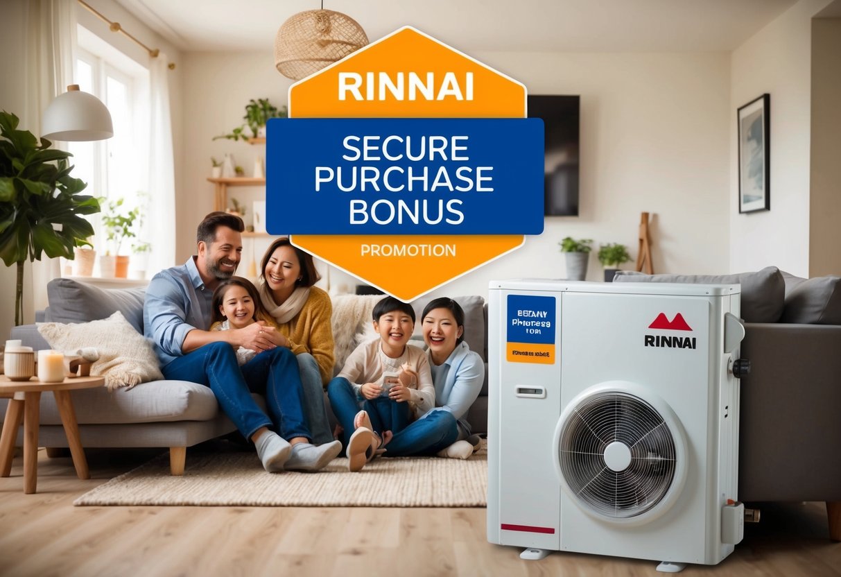 A happy family enjoying a cozy, warm home with a Rinnai Secure Purchase Bonus promotion displayed on their new Rinnai heating system
