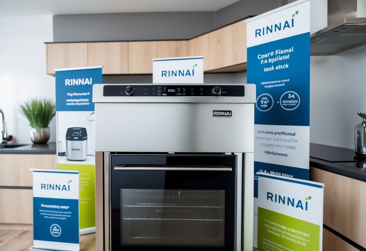 A modern kitchen with a Rinnai appliance prominently displayed, surrounded by promotional materials and logos