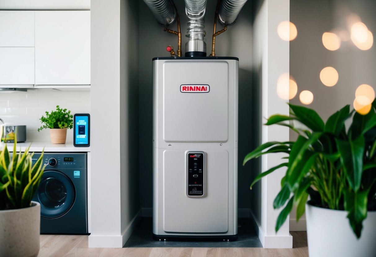 A modern home with a Rinnai water heater installed, surrounded by energy-efficient appliances and green plants