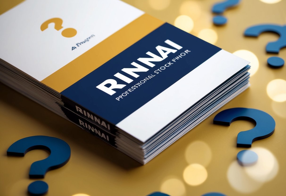 A stack of promotional materials with the Rinnai logo, surrounded by question marks