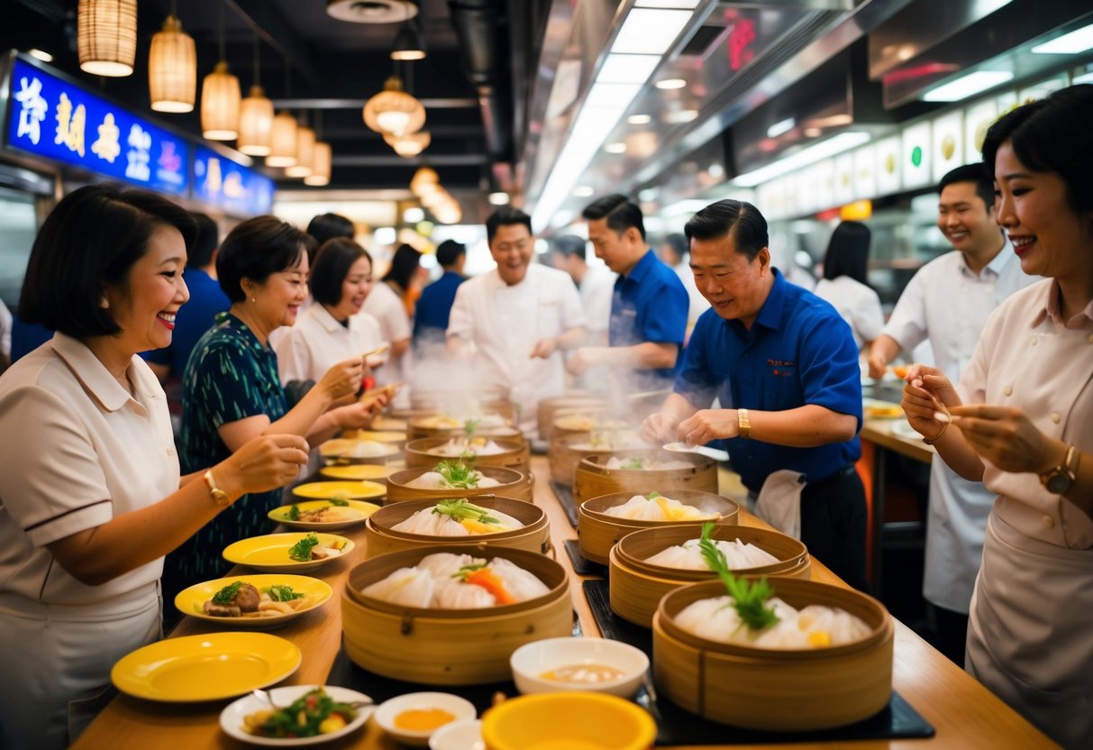 A bustling dim sum restaurant in Singapore, with steaming bamboo baskets and colorful dishes on tables. Customers chat and laugh while servers bustle about