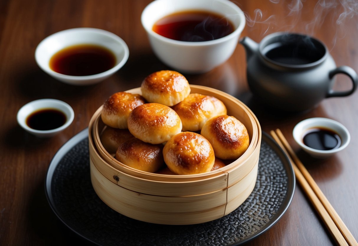 A steaming bamboo basket filled with golden brown char siew bao, surrounded by small dishes of dipping sauce and a pot of fragrant Chinese tea