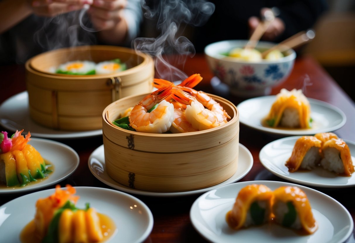 A steaming bamboo basket filled with shrimp har gow, surrounded by colorful dim sum dishes at a bustling restaurant in Singapore
