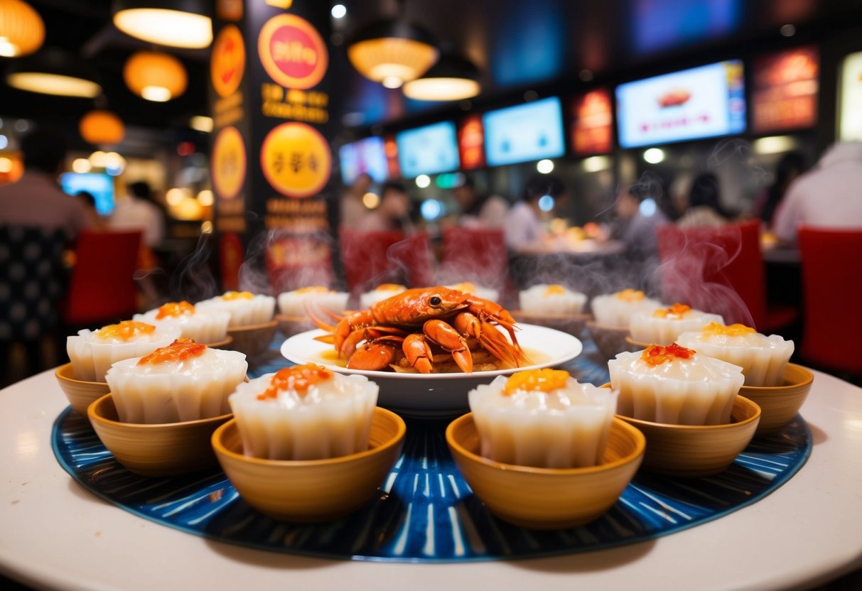 A bustling dim sum restaurant in Singapore features steaming baskets of Chilli Crab Xiao Long Bao, surrounded by vibrant promotional decor