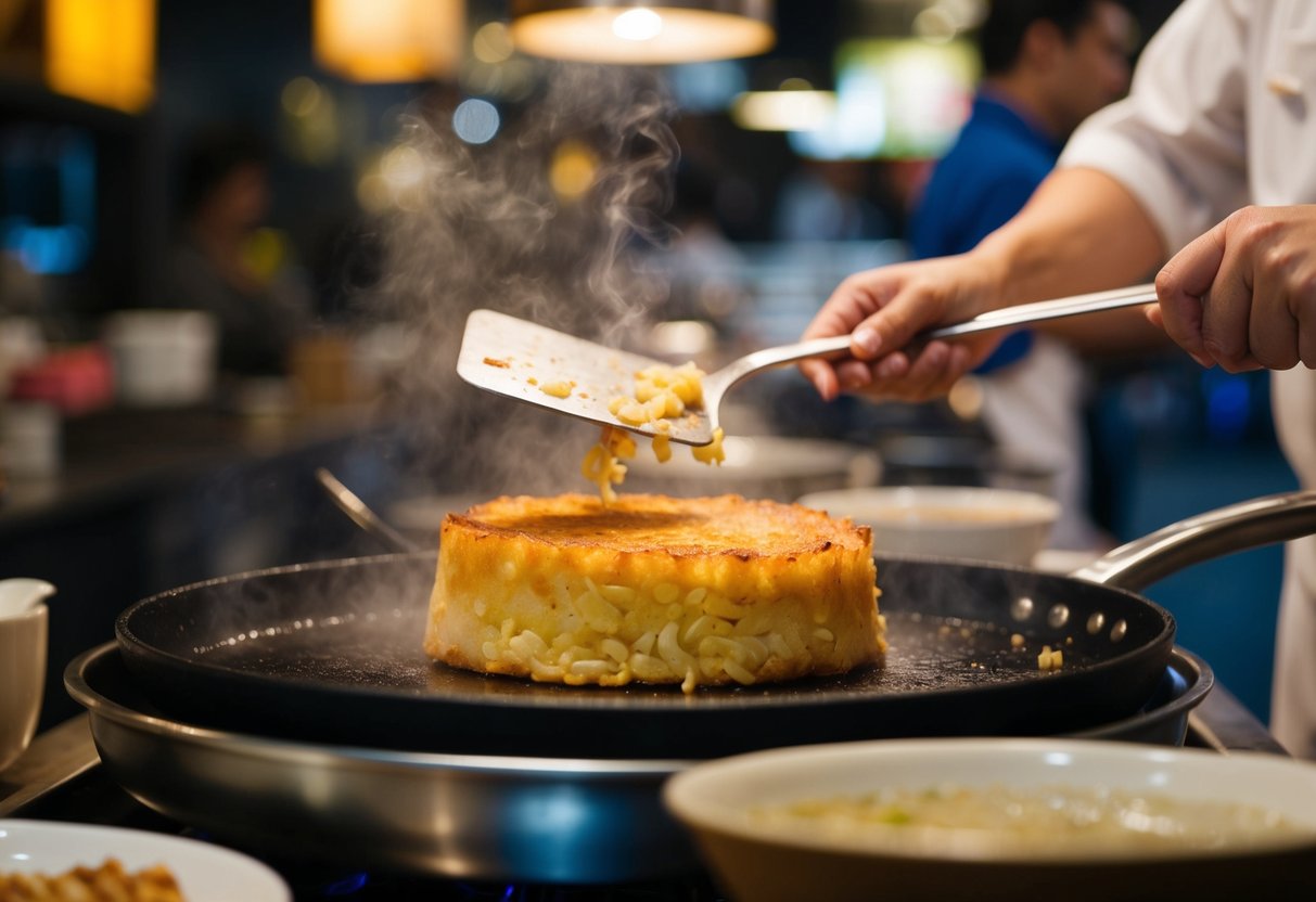A sizzling turnip cake is being pan-fried in a bustling dim sum haus in Singapore. The aroma of the crispy exterior fills the air as the chef expertly flips the cake with a spatula