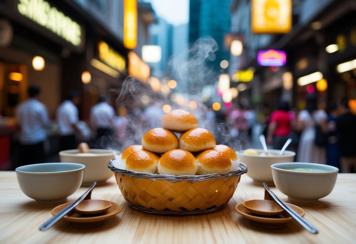 A steaming basket of golden egg custard buns, surrounded by traditional dim sum utensils and set against a backdrop of the bustling streets of Singapore