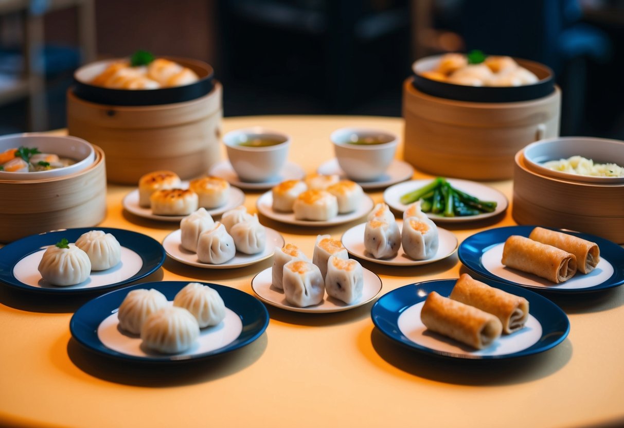 A table set with a variety of dim sum dishes, including steamed buns, dumplings, and spring rolls, arranged neatly on small plates and bamboo steamers