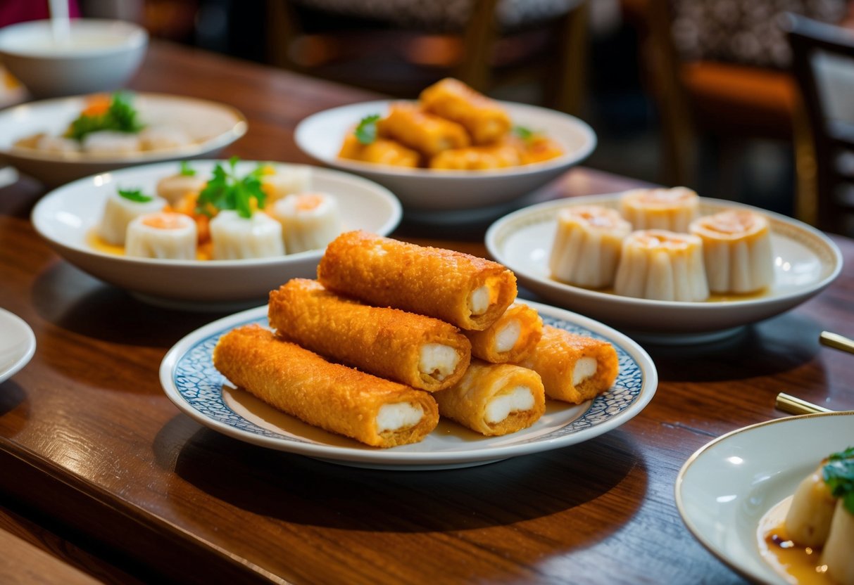A plate of golden, crispy prawn rolls sits on a wooden table, surrounded by traditional dim sum dishes in a bustling Singaporean restaurant