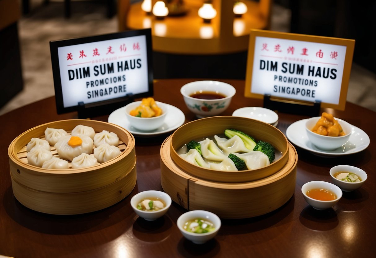 A table set with a bamboo steamer filled with steamed veggie dumplings, surrounded by traditional Chinese tea set and dim sum haus promotions signage in Singapore