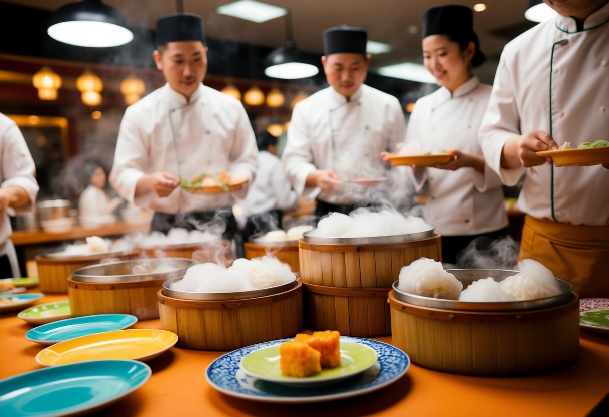 A bustling dim sum restaurant with steaming bamboo baskets, colorful plates, and bustling servers