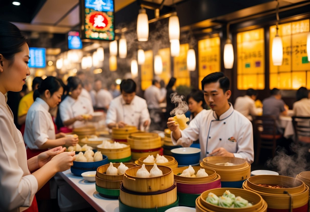 A bustling dim sum restaurant in Singapore, filled with colorful steaming bamboo baskets and bustling servers. The aroma of fresh dumplings and tea fills the air, as diners enjoy a cultural culinary experience