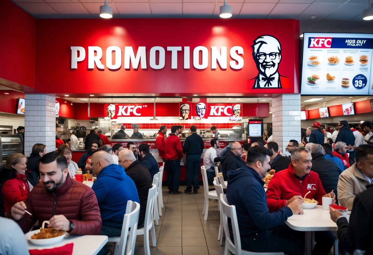 A crowded KFC store with a vibrant red and white color scheme, featuring a large "Promotions" banner and customers enjoying their meals