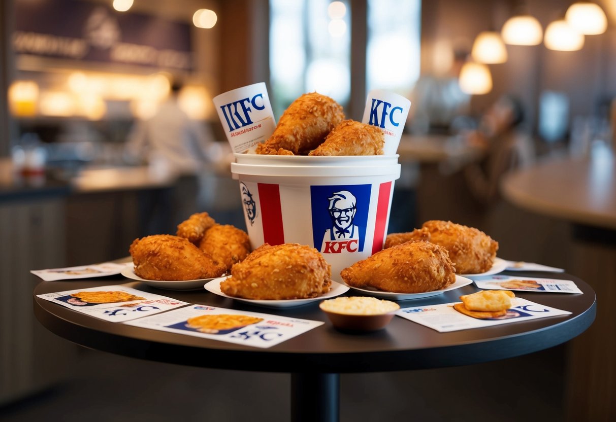 A table spread with a bucket of Original Recipe Chicken, surrounded by promotional materials and a KFC logo