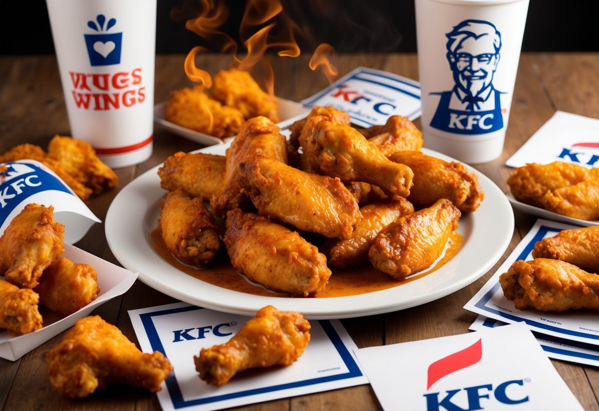 A sizzling plate of hot wings surrounded by KFC branding and promotional materials