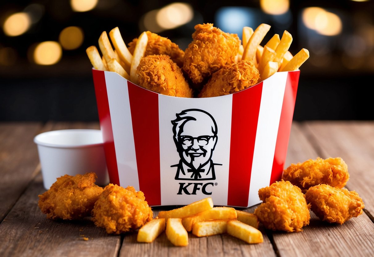A red and white KFC Fillet Box surrounded by golden crispy chicken pieces and a side of fries