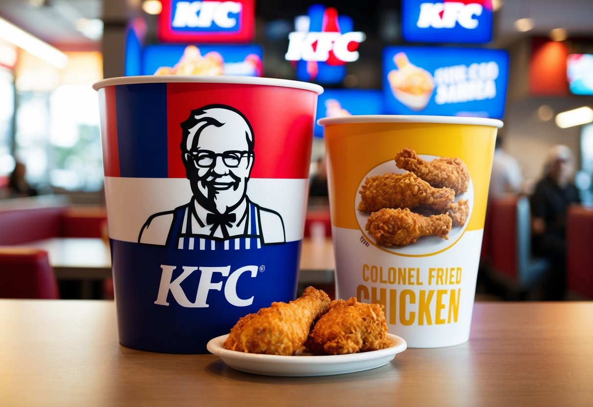 A bustling KFC restaurant with a colorful promotional display featuring the iconic Colonel Sanders and images of delicious fried chicken
