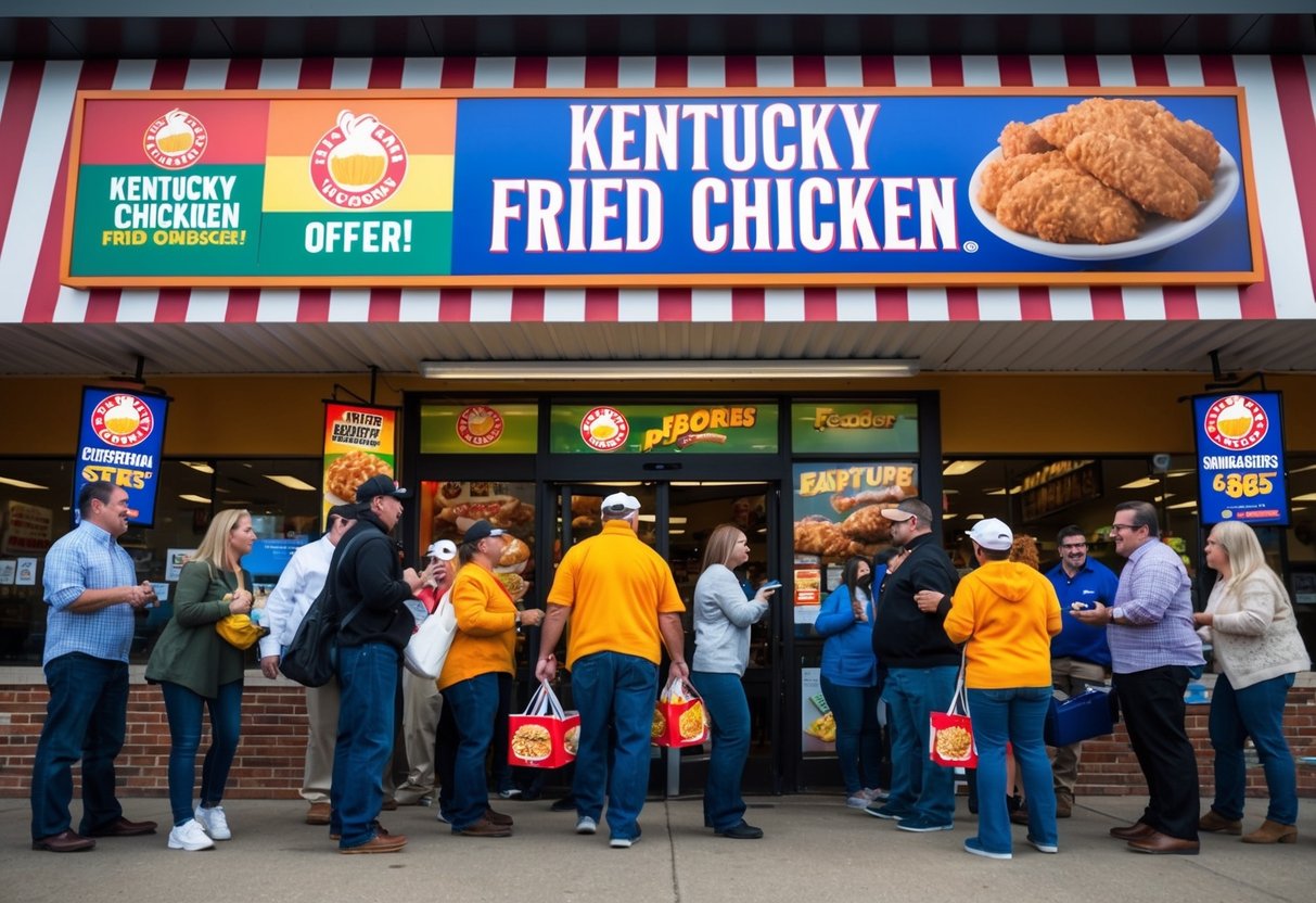 Customers eagerly flocking to a Kentucky Fried Chicken store, enticed by colorful promotional signage and enticing offers
