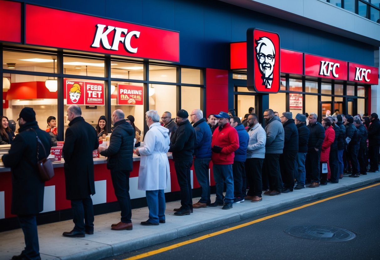 A bustling KFC restaurant with customers lining up for promotions