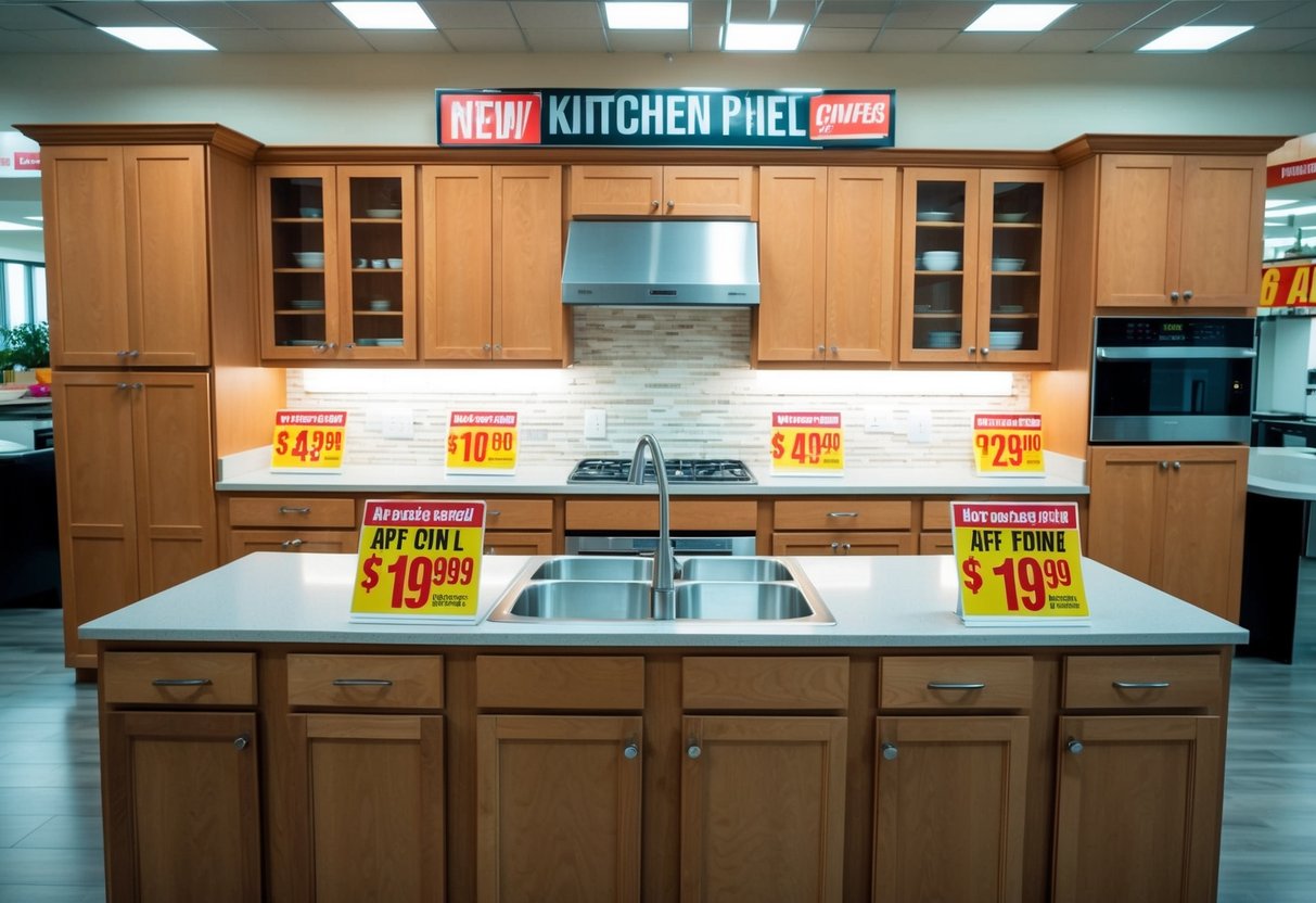 A kitchen cabinet display with promotional signage and discounted prices