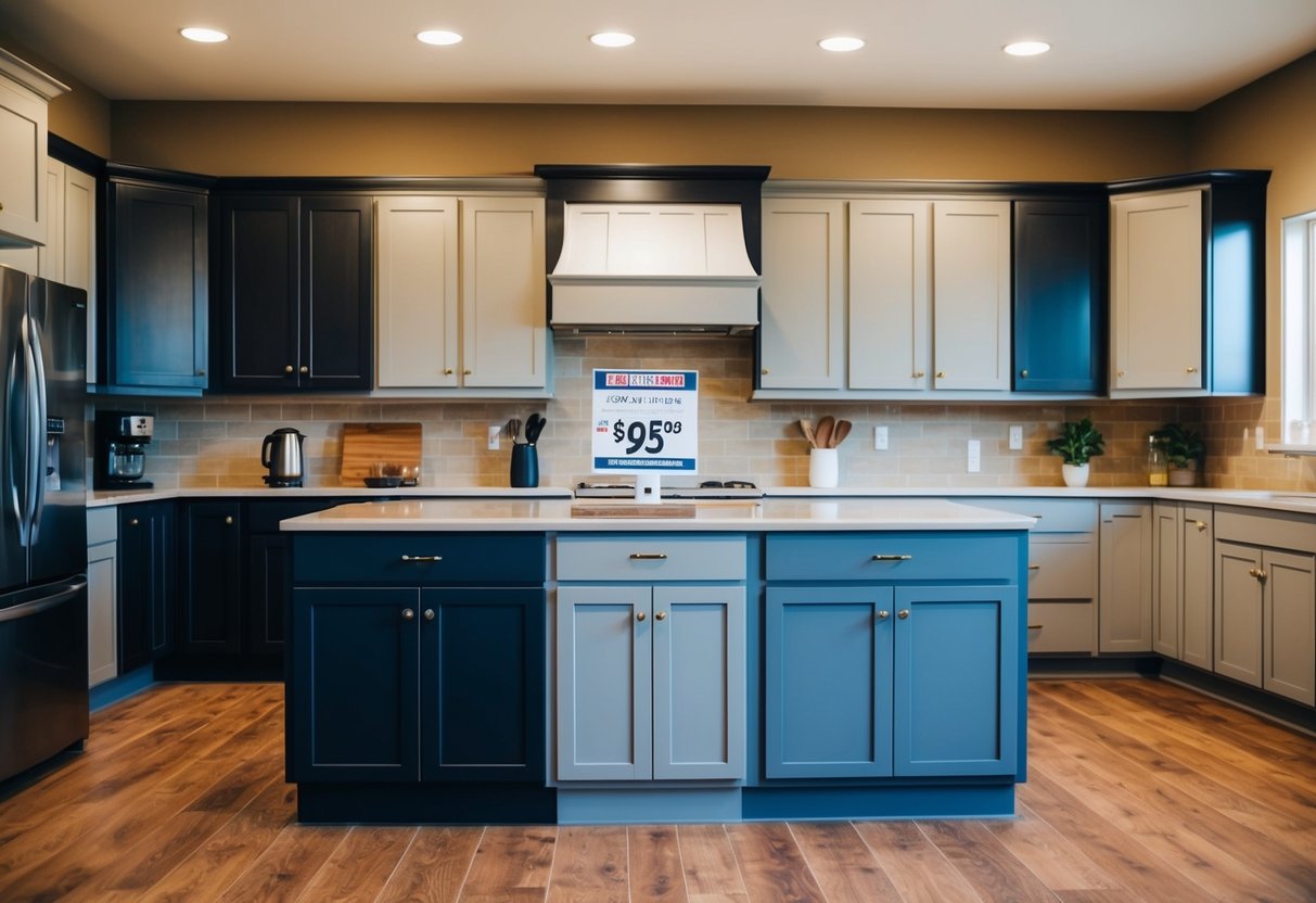 A kitchen showroom with two-tone cabinets displayed at a promotional price