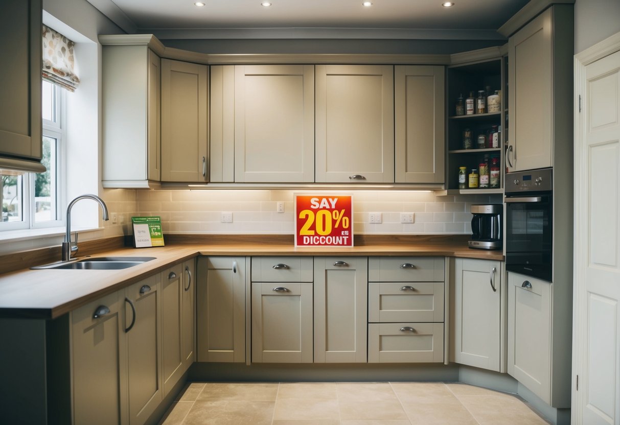 A kitchen showroom with a display of corner units and larder cupboards, highlighted with a "20% discount" sign