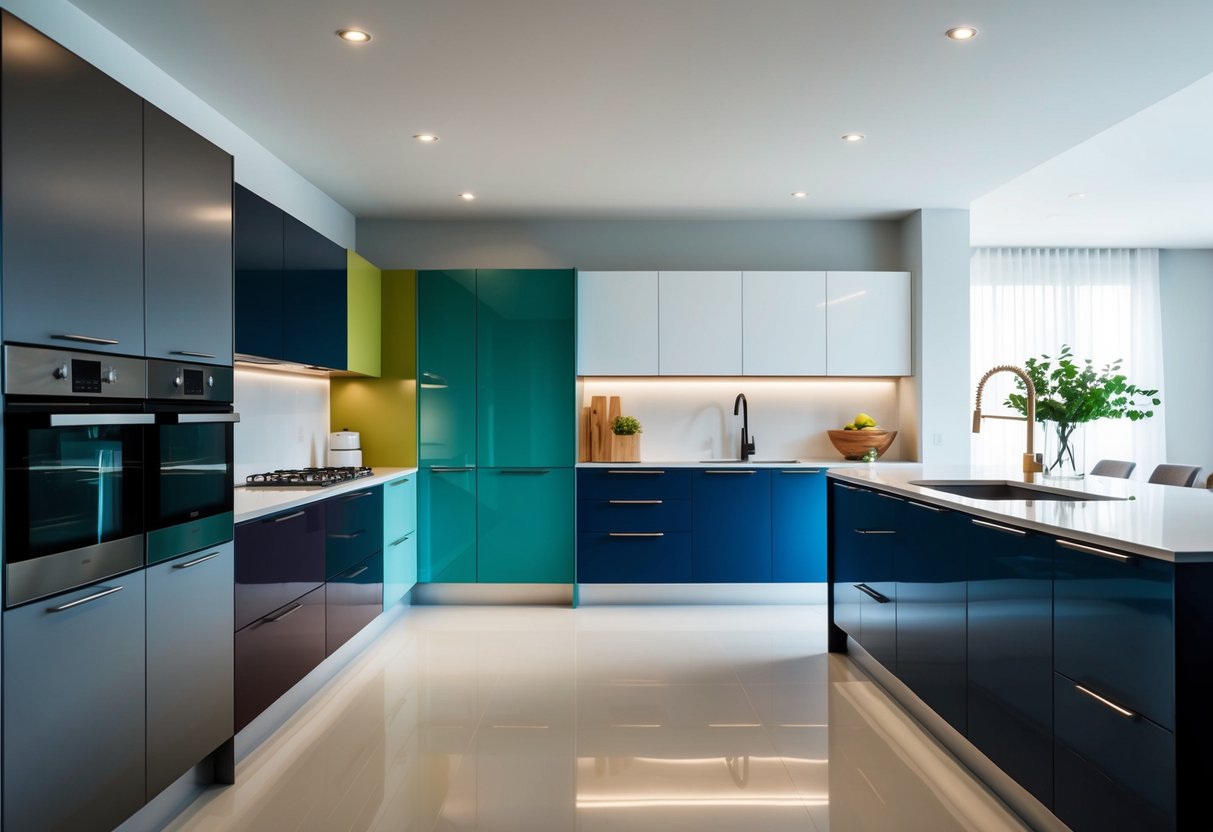 A modern kitchen with sleek, handle-less cabinets in various colors and finishes. Bright lighting highlights the trendy designs