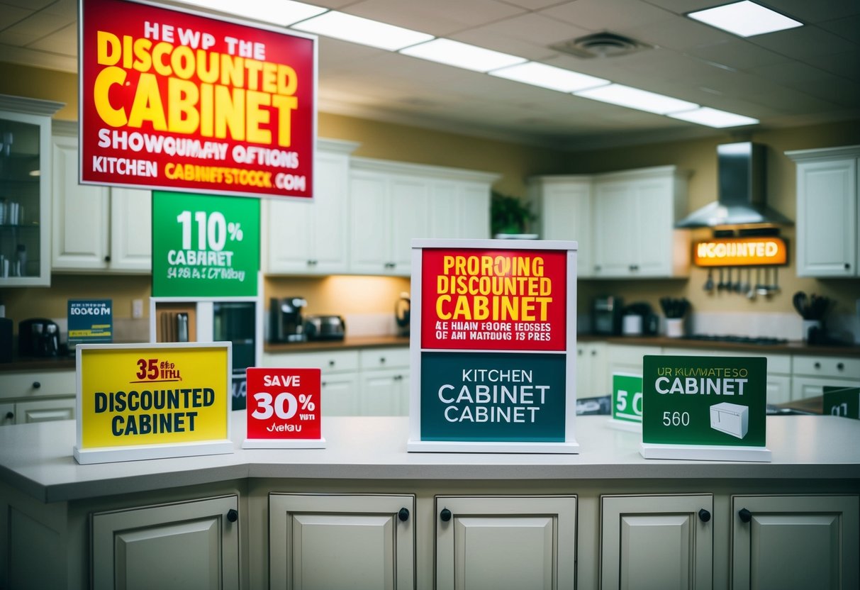 A kitchen cabinet showroom with bright promotional signs and displays showcasing various discounted cabinet options