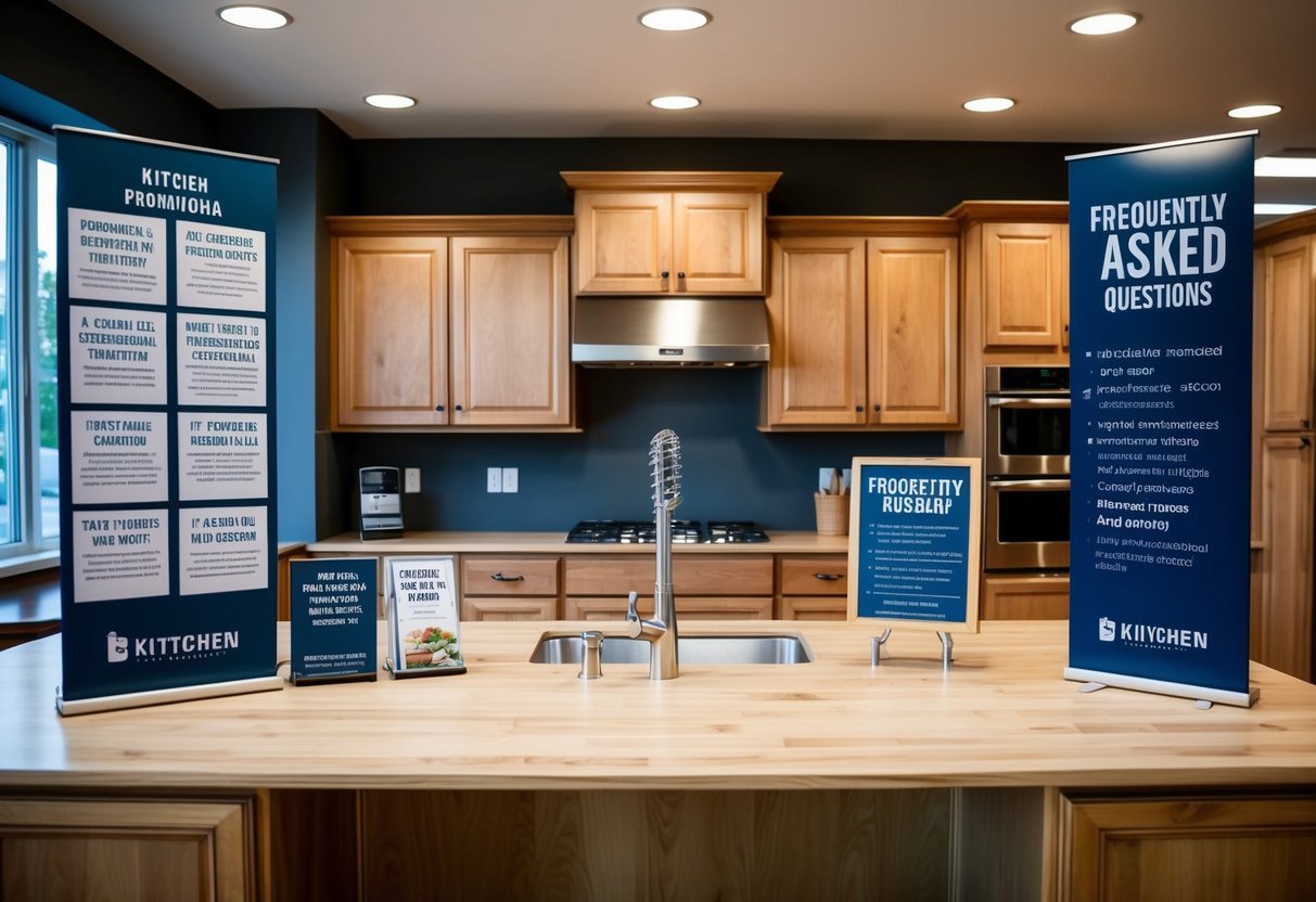 A kitchen cabinet showroom with promotional signage and a display of frequently asked questions