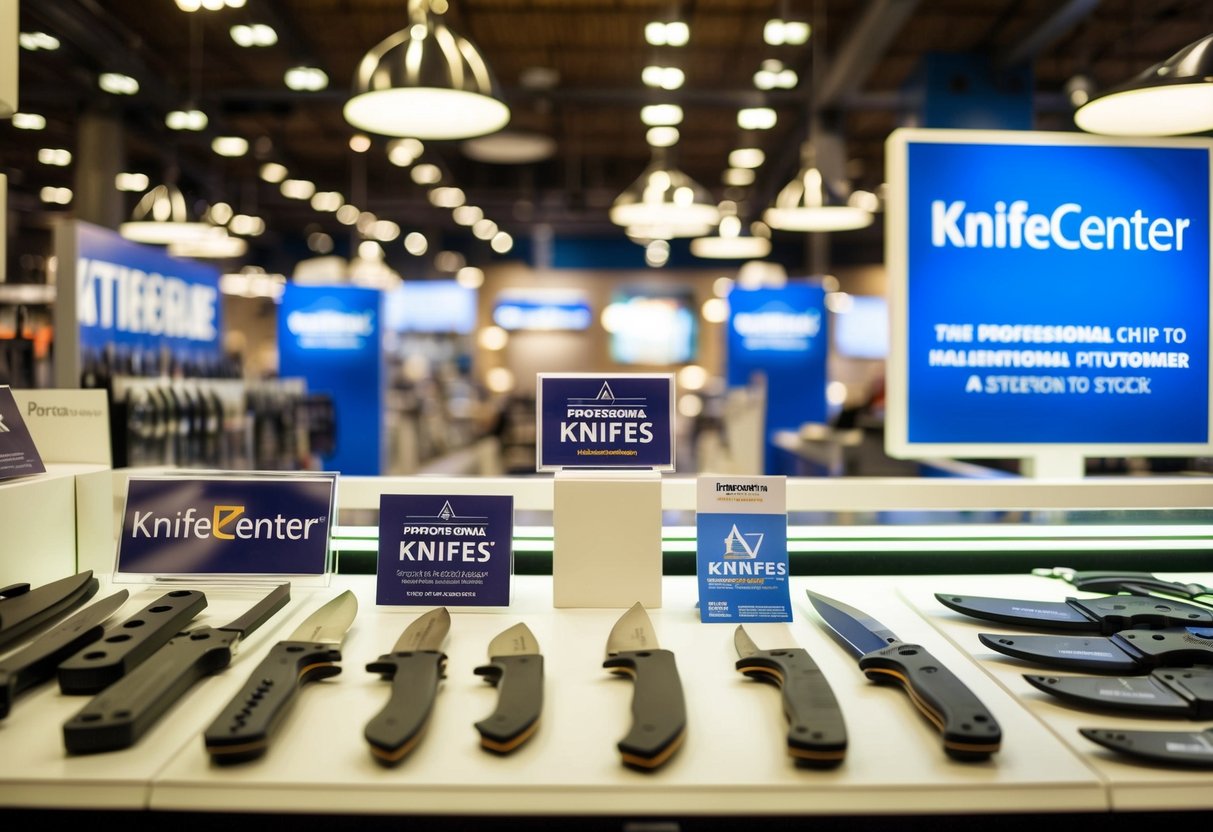 A display of various knives and promotional items at Knifecenter, with bright lighting and attention-grabbing signage