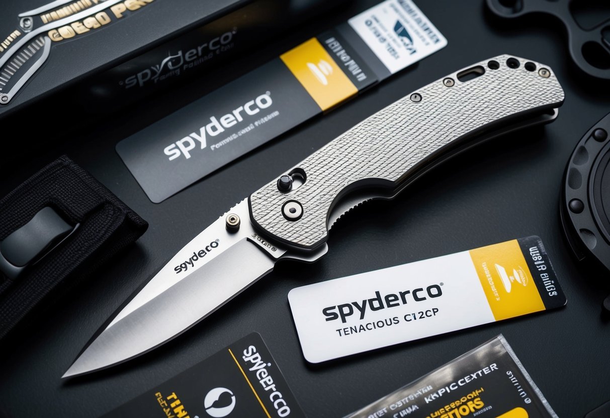 A Spyderco Tenacious C122GP folding knife displayed with knifecenter promotions