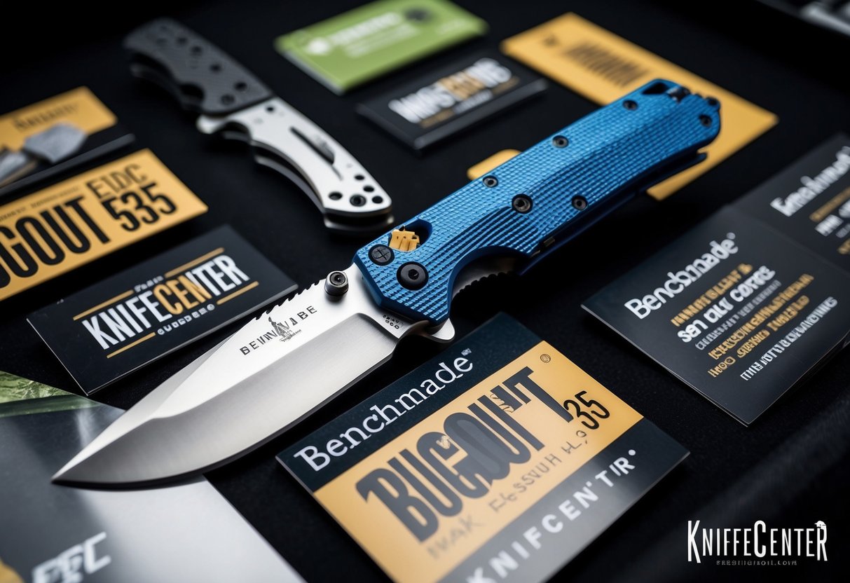 A Benchmade Bugout 535 EDC Knife displayed with promotional materials at Knifecenter
