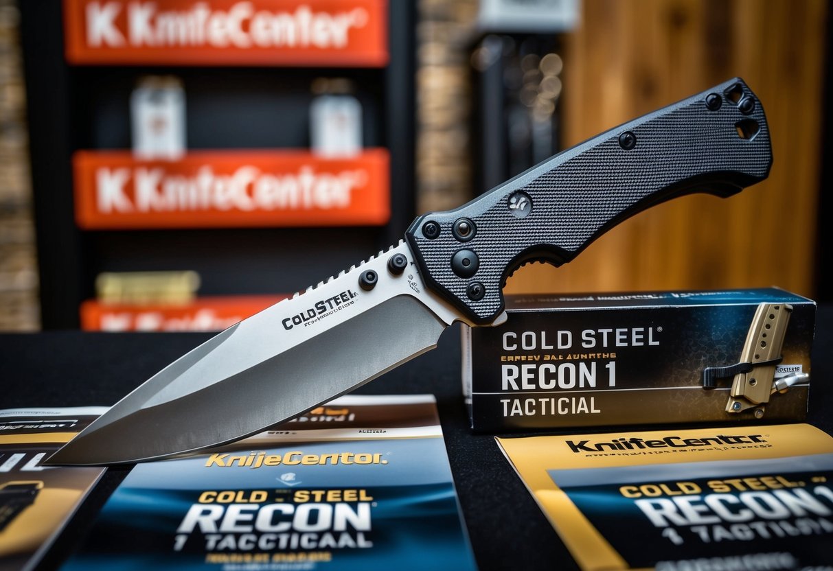 A Cold Steel Recon 1 Tactical Knife displayed with promotional materials at Knifecenter