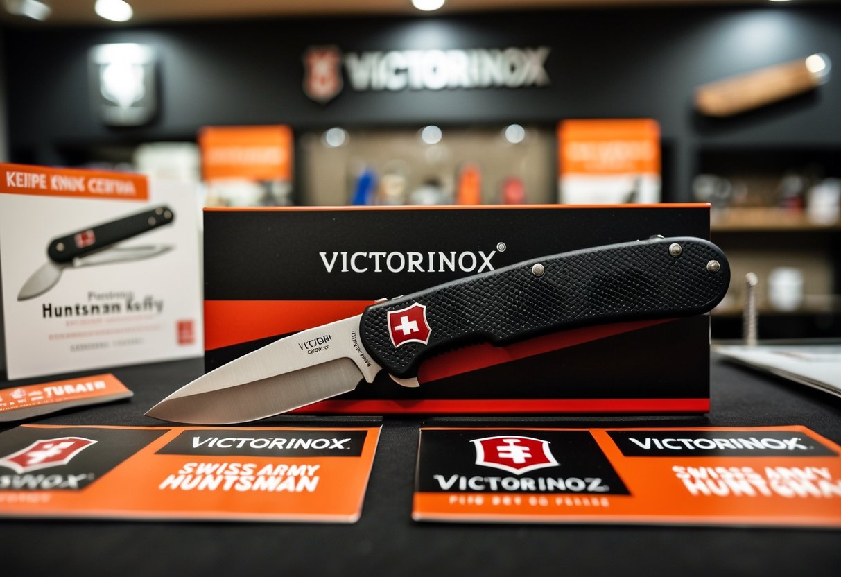 A Victorinox Swiss Army Huntsman Knife displayed with promotional materials at a knife center