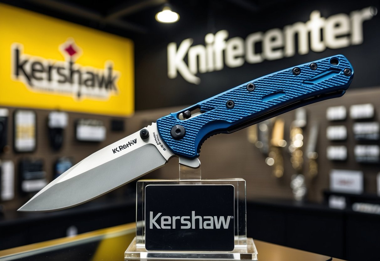 A Kershaw Leek 1660 folding knife displayed with promotional signage at a Knifecenter store