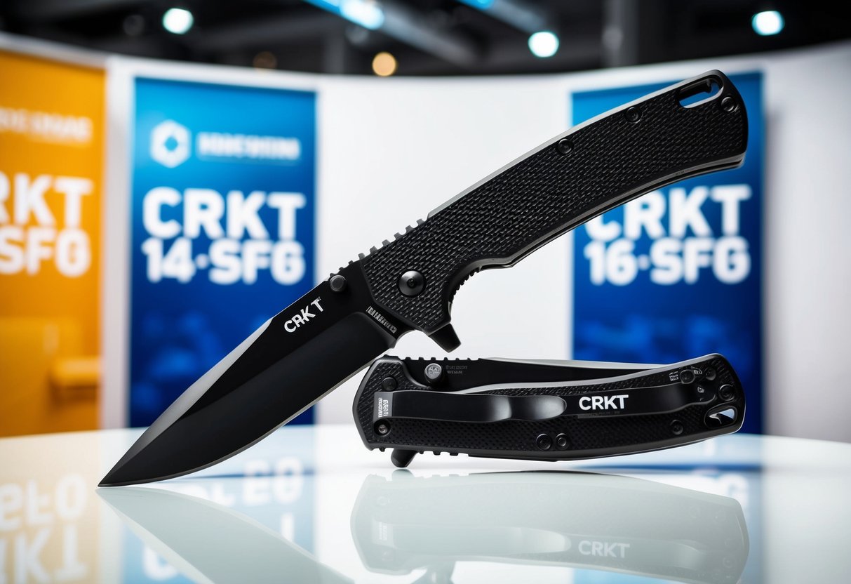 A sleek CRKT M16-14SFG knife displayed on a clean, white background with promotional banners in the background