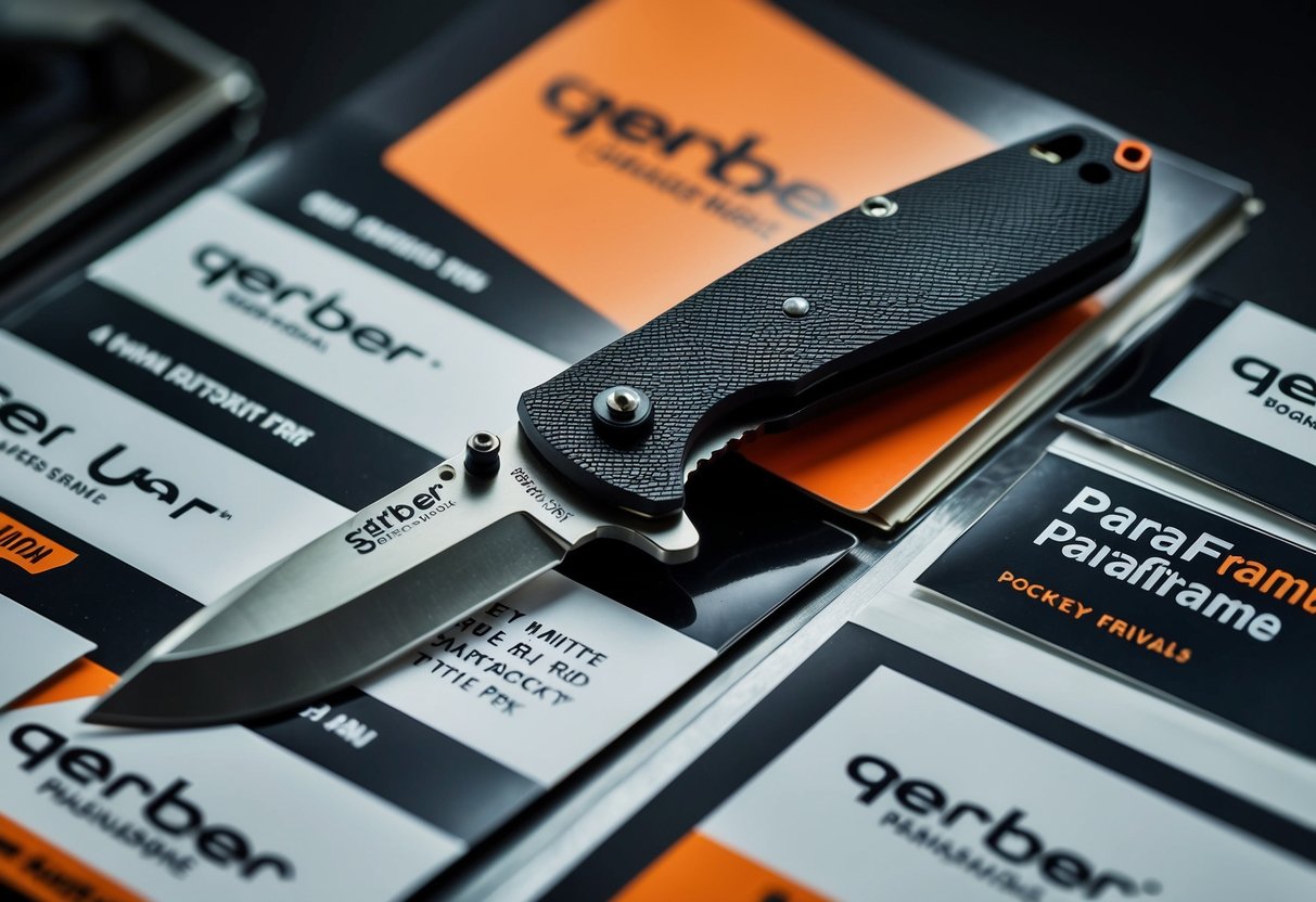 A mini Gerber Paraframe pocket knife displayed with promotional materials