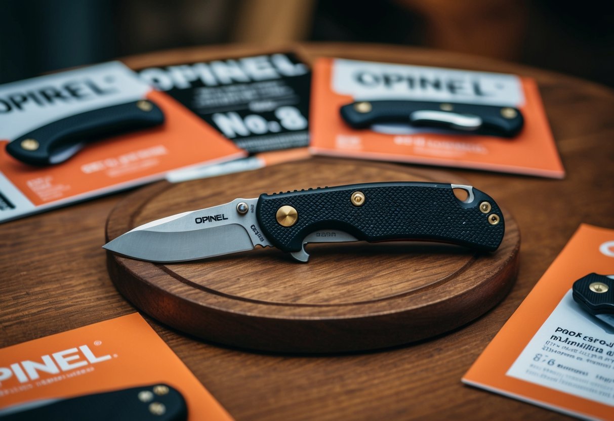 A Opinel No. 8 Folding Knife displayed on a wooden table with promotional materials around it