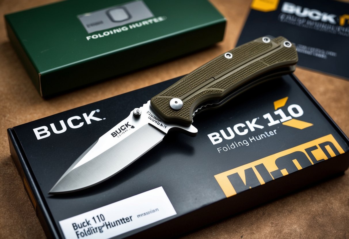 A Buck 110 Folding Hunter Knife displayed with promotional materials