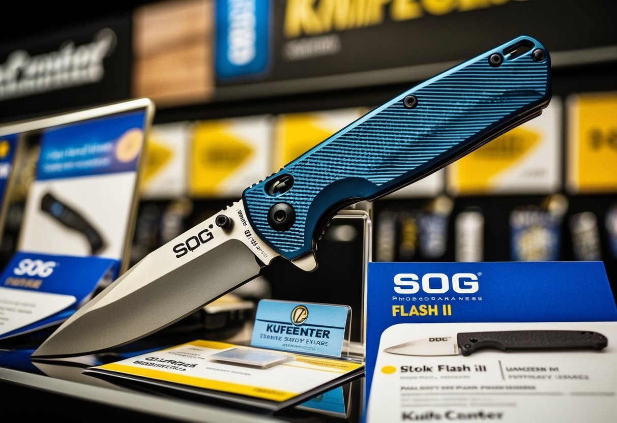 A sleek SOG Flash II knife is displayed with promotional materials at Knifecenter