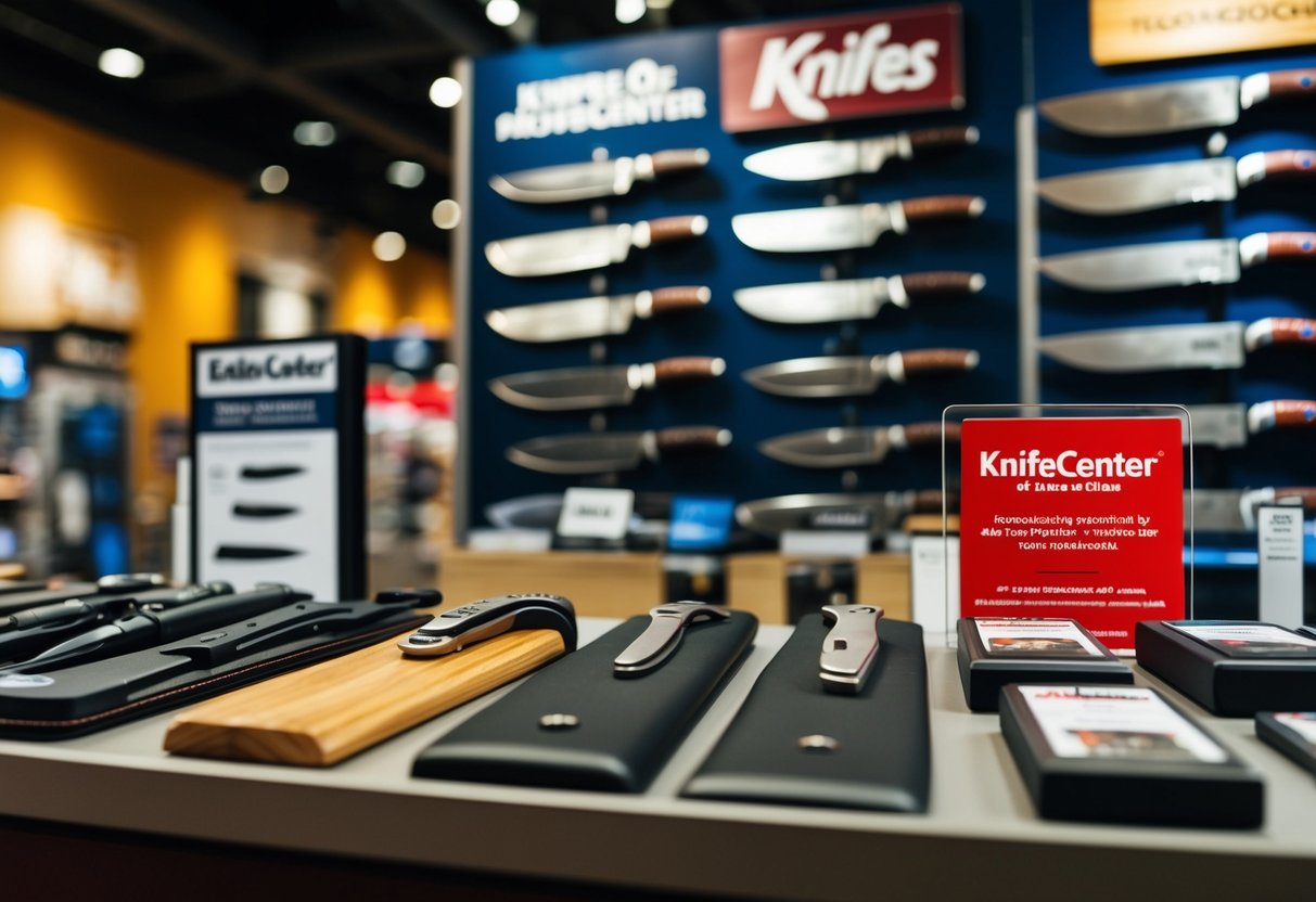 A display of various knives and promotional items at KnifeCenter