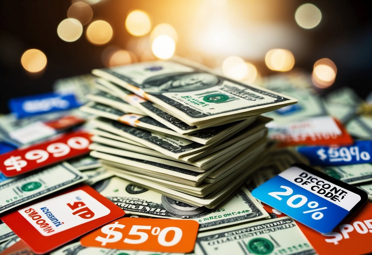 A stack of money surrounded by various promotional items and discount codes
