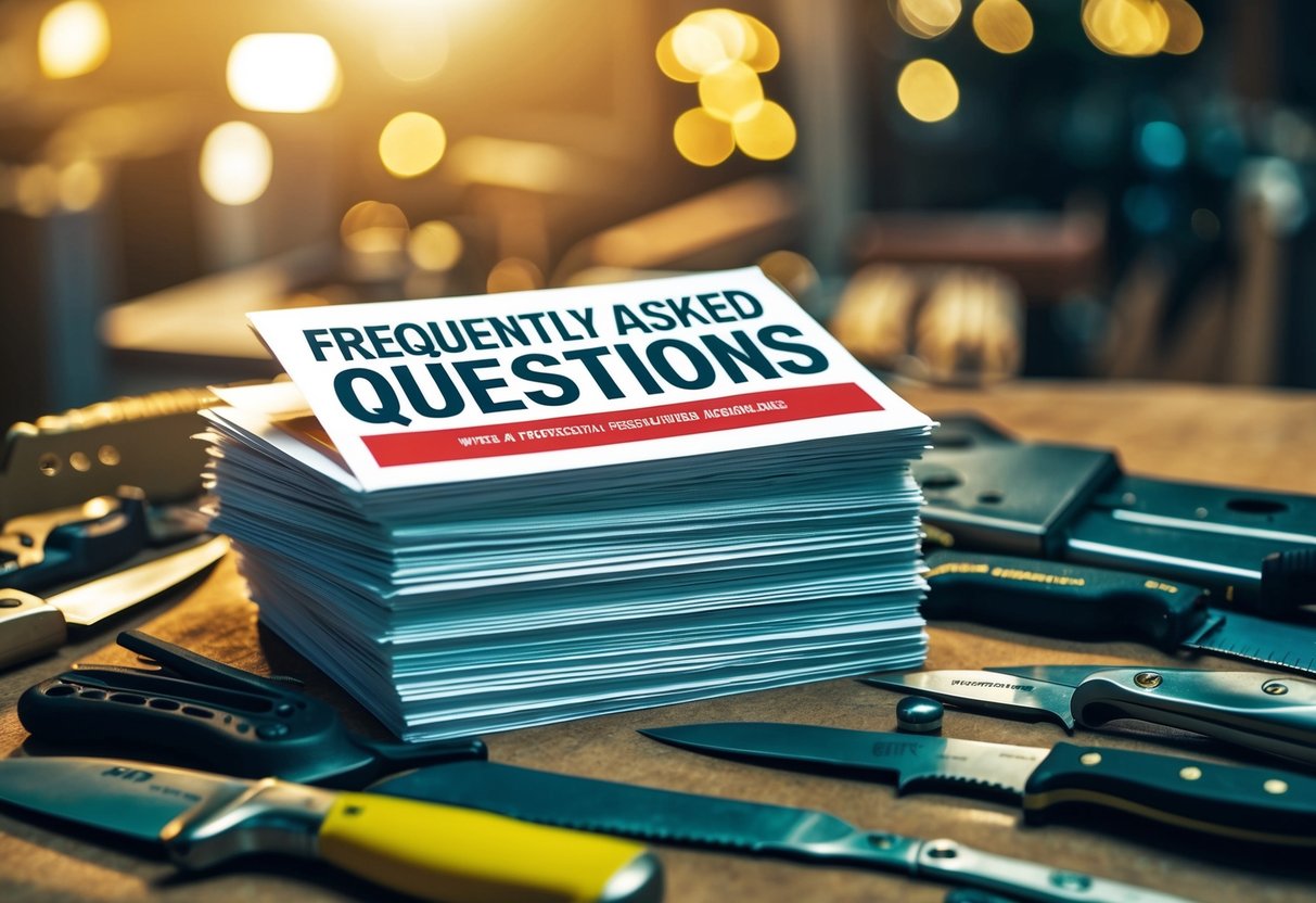 A stack of promotional flyers with the "Frequently Asked Questions" header, surrounded by various knives and tools